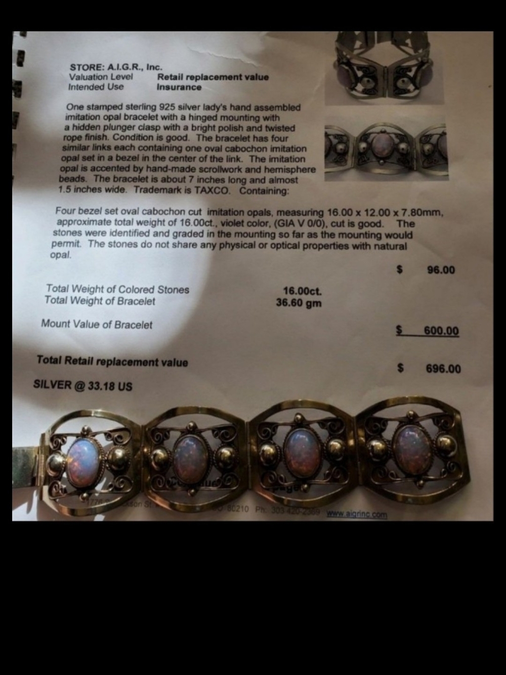 Taxco Silver Bracelet with Pink-Blue Opalescent Cabochons